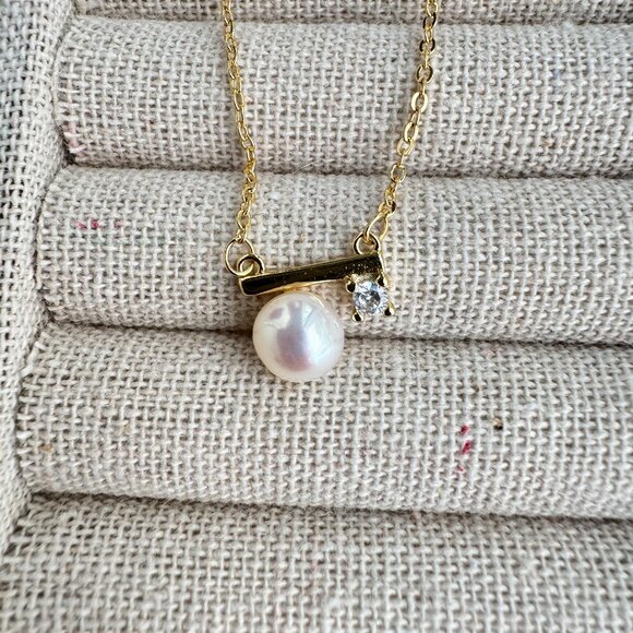 Elegant Freshwater Pearl Necklace with Modern Bar & CZ Accent | 14k Gold-Filled - Picture 1 of 8
